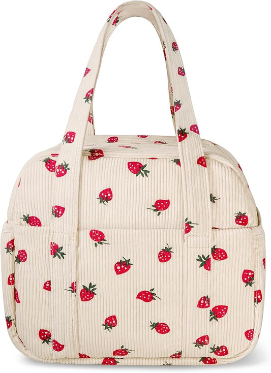Yarnic Corduroy Lunch Bag Women Insulated, Large Lunch Box for Work with Bottle Pockets, Stylish Reusable Cooler Tote for Adults Teachers Picnic Travel (Big Strawberry)