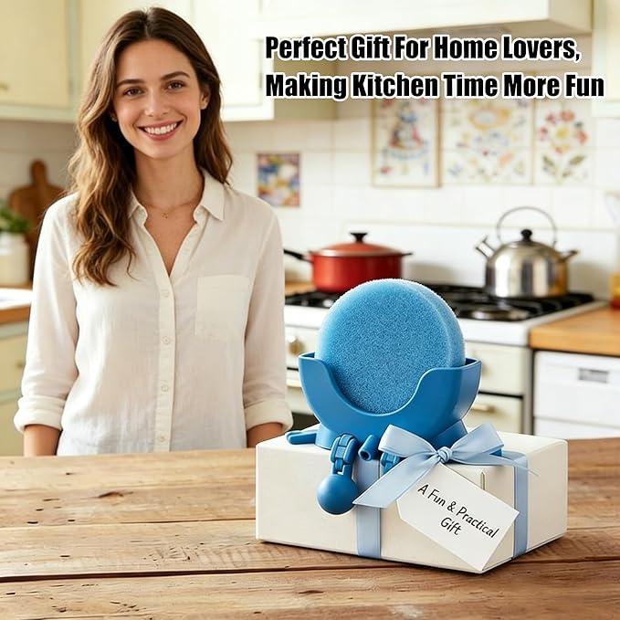 Cute Hanging Sponge Holder with Drainage,3D Printed Kitchen Funny Sponge Stand for Sink,with Non-Slip Pads,Suitable for Scrub Daddy Holder,Keeps Your Sponge Dry Smiling (Blue)