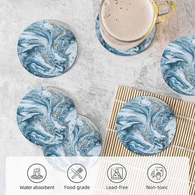 Royal Blue Marble 6Pcs Coaster Set with Holder Round Ceramic Coasters Modern Abstract Teal/Aqua Blue Marbling Absorbent Cup Drink Coasters Set for Modern Coffee Table Bar Wine Beer Stone Coasters