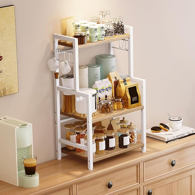 Kitchen Countertop Organizer, 3 Tier Large Spice Rack Organizer with Adjustable Shelf and 5 Hooks, Wooden Counter Organizer, Countertop Shelf Microwave Stand for Kitchen Coffee Bar, Light Coffee