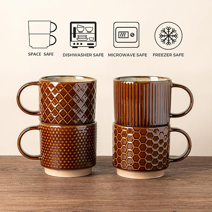 GBhome 12 OZ Stackable Coffee Mugs, Ceramic Coffee Cups with Texture Patterns for Man,Woman,Dad,Mom, Modern Mugs Set of 4 for Latte/Cappuccino/Cocoa. Dishwasher&Microwave Safe