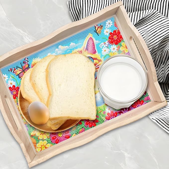 Generic 2Pcs DIY Diamond Serving Tray Rectangular Upgrade Increase Breakfast Tray with Handles Handmade Diamond Art Painting Wooden Tray Dinner Plate for Coffee Living Room Home Organizer-02
