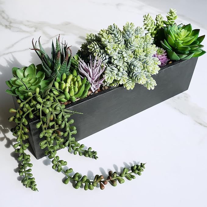 Winlyn 14" Artificial Succulent Plants Arrangement Assorted Faux Succulents in Rustic Black Rectangular Wooden Planter Box Faux Potted Plant Decor for Farmhouse Home Windowsill Shelf Table Centerpiece