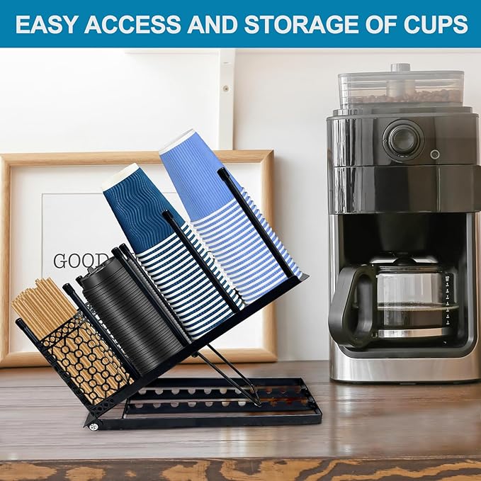 Cup and Lid Holder, Adjustable Coffee Cup Holder with Straw Organizer, 4 Compartments Disposable Paper Cup Dispenser for Countertop, Station Bar, Kitchen, Office Breakroom, Metal Black