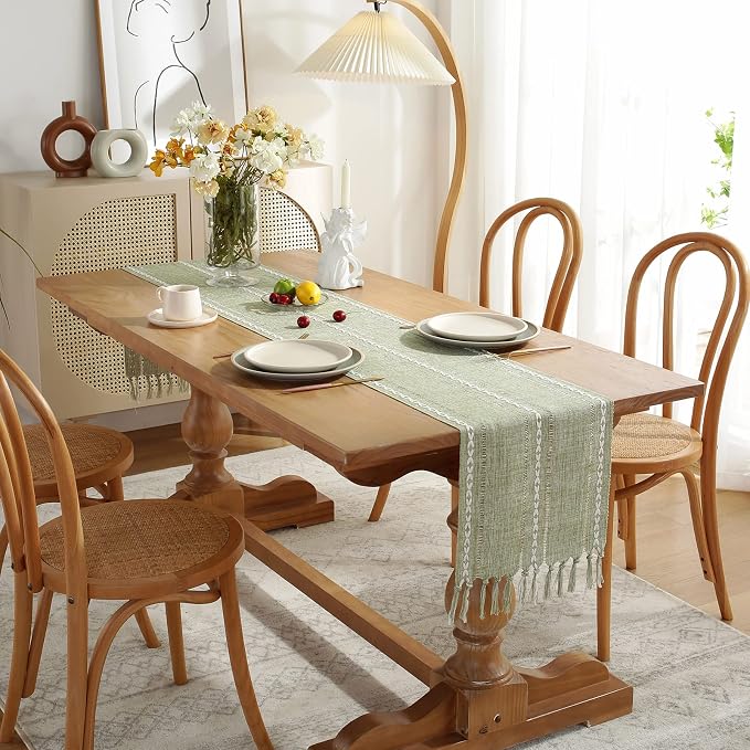 Wracra Rustic Hemstitch Table Runner, Linen Farmhouse Table Runners 60 Inches Long with Tassels for Dining Kitchen Coffee Table Decor, Party and Dresser Decor (Sage Green, 13×60")