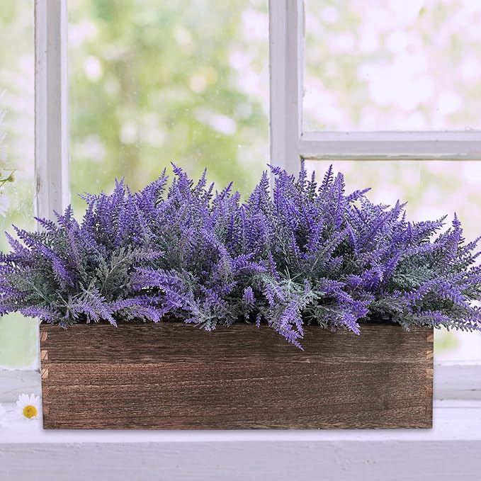 Winlyn 14" Artificial Lavender Flowers Plants in Rectangular Wooden Planter Box Faux Frosted Lavender Potted Arrangements Floral Centerpiece for Farmhouse Home Wedding Table Centerpiece Mantel Décor