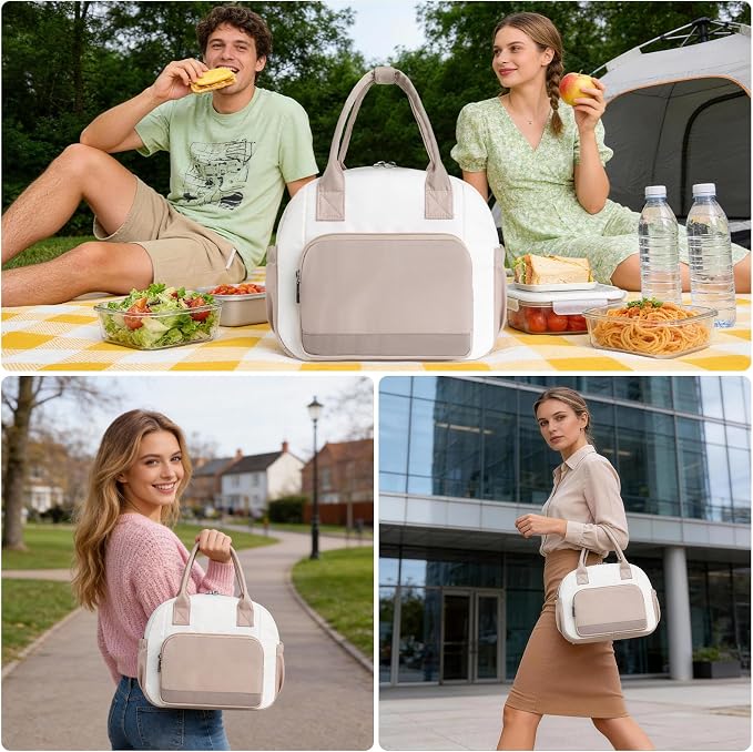 Stylish Color-blocked Lunch Bag for Women, Leakproof Lunch Box for Adult Girls, Large Capacity Reusable Lunch Box for Work Picnic Travel(Khaki with Off White)