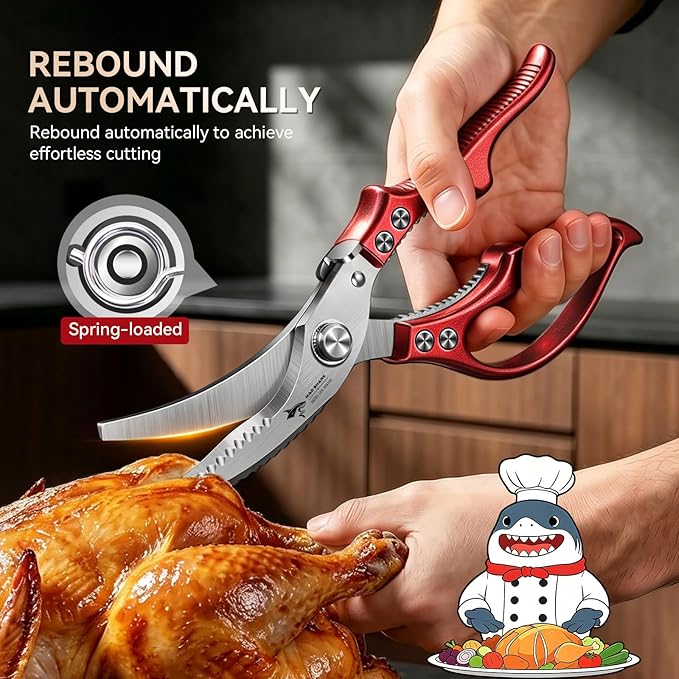 MAD SHARK Professional Heavy Duty Poultry Shears - Kitchen Shears for Spatchcocking Chicken and Meat Cutting, Multi-Purpose Kitchen Scissors for Food, Spring-loaded (Red)