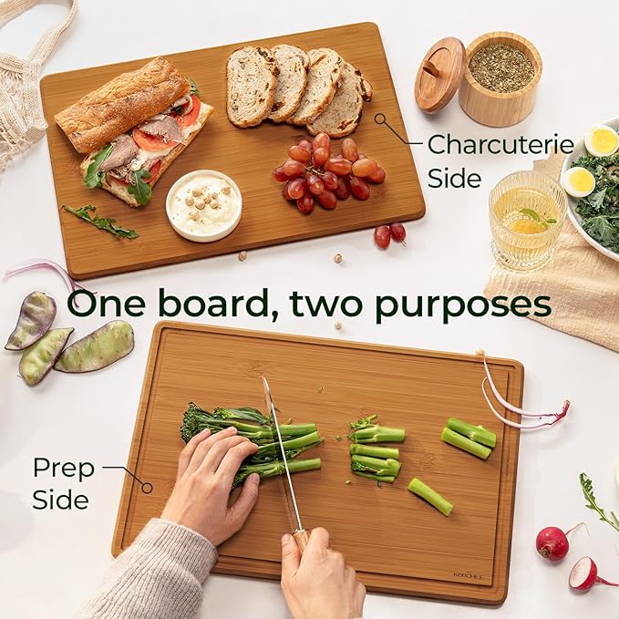 Keechee Bamboo Cutting Board with Non-slip Mat, Cutting Boards for Kitchen Meal Prep & Serving - Wood Serving Board Sets with Deep Juice Groove Ideal Kitchen Gifts