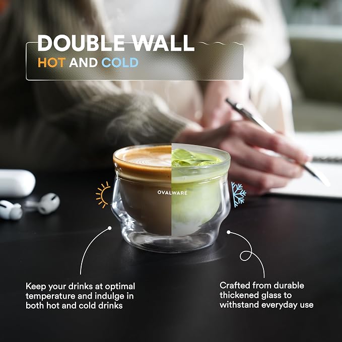 ovalware 8.5oz Double Wall Latte Cups, Latte Set of 2 - Double Wall Glasses for Cold & Hot Drink, Palm-Sized Cups with Wide Rim for Latte Art - Clear Design