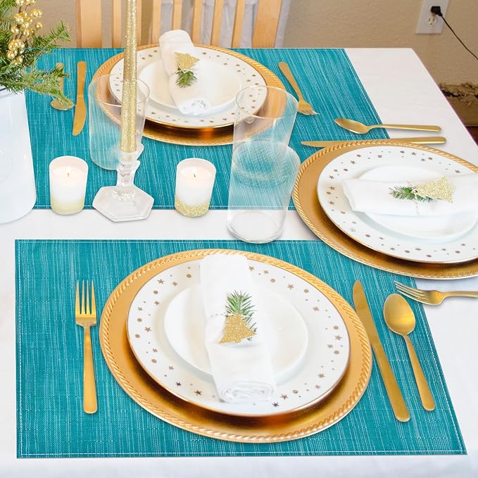 Niviy Teal Blue Placemats Set of 4, 12x18 Inch Washable Easy to Clean Heat-Resistant Anti-Skid Teal Blue Placemats for Holiday Party Kitchen Dining Room Decoration