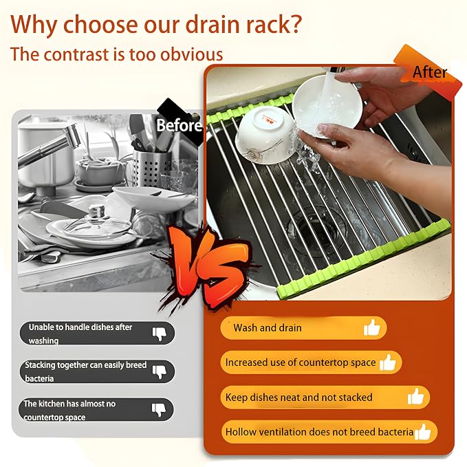JAYWAYNE Roll Up Dish Drying Rack, Heavy Duty Stainless Steel Over The Sink Drainer, Foldable Space Saver with Heat Resistant Trivet Mat, 17.5 x 14 Inch