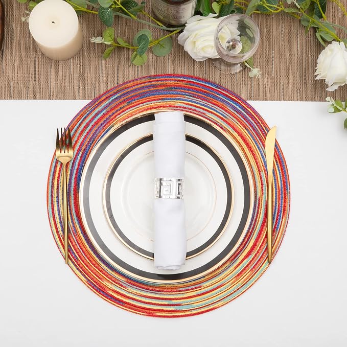 SHACOS Round Braided Placemats Set of 8 Washable 15 inch Round Table Mats Colorful Variegated Woven Place Mats for Dining Table (Rainbow Red, 8)
