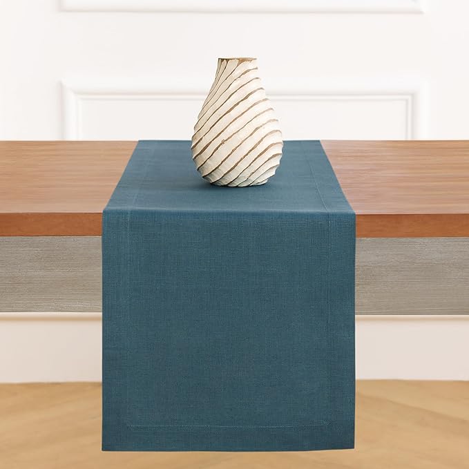 Solino Home Linen Table Runner 120 Inches Long - 100% Pure Linen Peacock Blue Table Runner 14 x 120 Inch - Fete