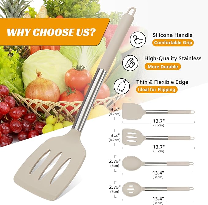 Kitchen Utensils Set Silicone Kitchen Utensils Set for Nonstick Cookware Perfect for Baking and Mixing,Spatula Set BPA Free Dishwasher Safe Khaki 4 Pack