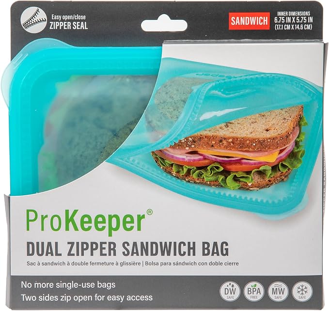 ProKeeper Dual-Zipper 100% Silicone Sandwich Bag, Teal - Reusable and Durable Food Storage Bag