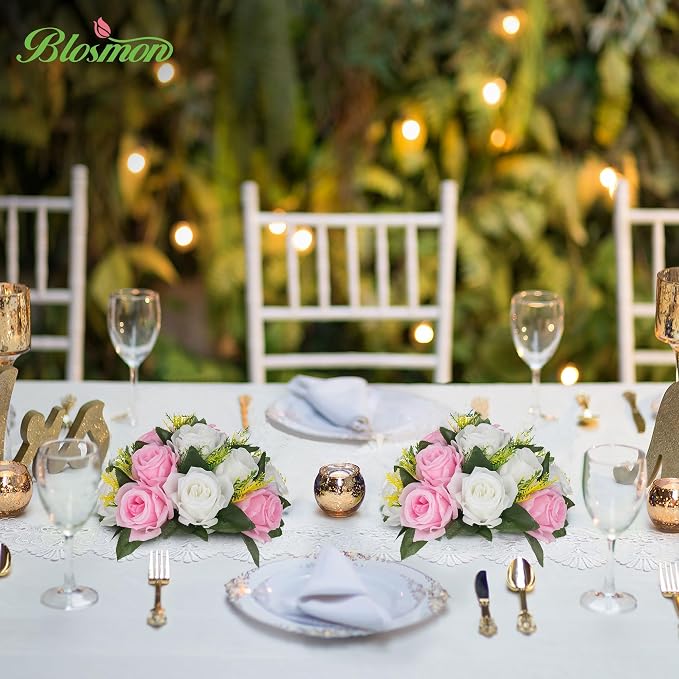 BLOSMON Flower Balls Wedding Centerpieces: 10 Pcs Pink White Fake Roses | 9.5 Inch Artificial Kissing Floral Balls Arrangements - Faux Flower Bouquet with Base for Home Party DIY Decorations