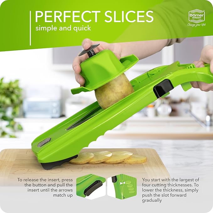Börner Mandoline Slicer V5 (Basic Set) • Vegetable V-Slicer for Slices in 4 Thickness Settings • Stainless Steel V-Blade • Adjustable Kitchen Slicer for Vegetables & Fruits • Color: Green