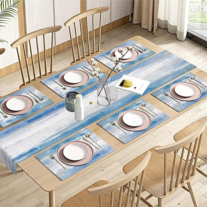 Emvency Navy Blue White Abstract Table Runner and Placemats Set of 6,Vintage Retro Painting Watercolor Modern Art Dining Decor for Daily Use(1 Table Runner 72 inches Long and 6 Placemats)