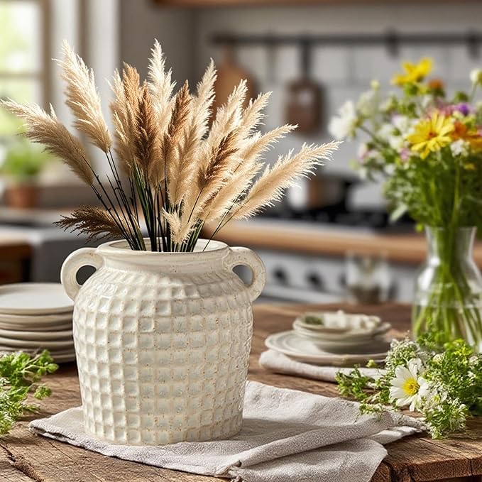 Rustic Kitchen Utensil Holder ,6.7" Modern Farmhouse Double Ear Ceramic Utensil Crock for Countertop, Vintage Kitchen Counter Decor Party Supplies Spoon Spatula Organizer (white)