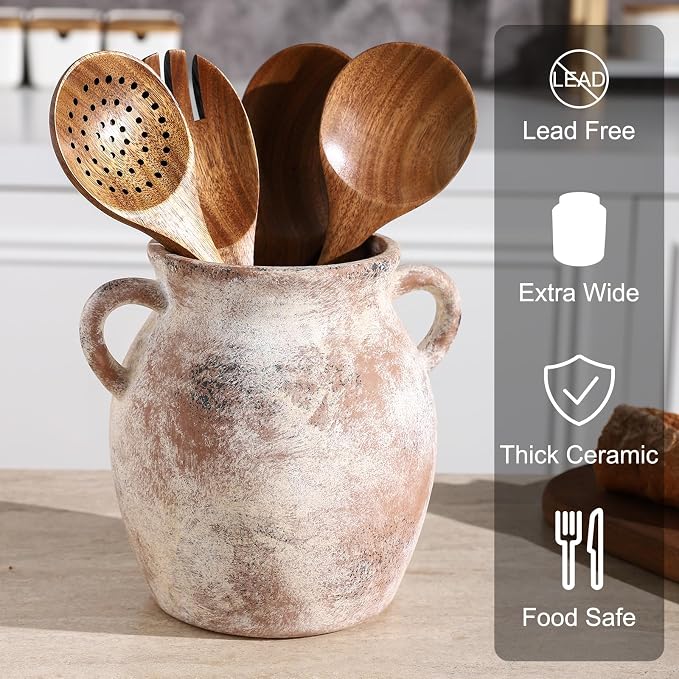 Ceramic Farmhouse Kitchen Utensil Holder for Countertop, Rustic Cooking Utensil Holder Crock Fit for Kitchen Counter. 6.2 x 6.2x 7 IN