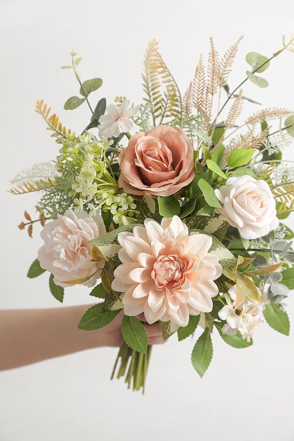 Serra Flora Faux Flowers with Vase,Artificial Silk Roses in Vase,Table Centerpieces for Dining Room, Silk Flower Arrangements for Home, Living Room Bathroom Plant Decor, Centerpiece Table Decorations