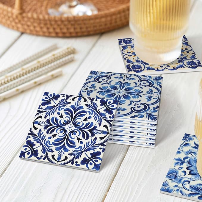 Coaster for Drinks Set of 6, Blue Vintage Spanish Ceramic Floral Absorbent Round Ceramic Stone Mat, with Cork Base and Metal Holder, Gift for Housewarming Room Bar Decor (Azulejo Tile-3)