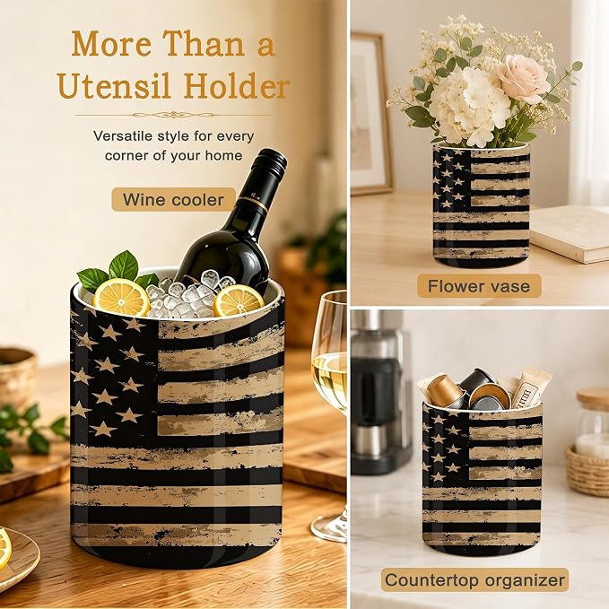 Kitchen Utensil Holder,Retro Flag Ceramic Utensil Crock for Countertop,Cooking Tools Storage jar for Spatulas and Spoons,Housewarming Gifts 6.3"