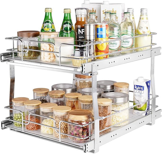 VEVOR 2 Tier 17"Wx21.2"Dx15.2"H Pull Out Cabinet Organizer, Heavy Duty Slide Out Pantry Shelves, Steel Roll Out Drawers, Sliding Drawer Storage for Home, 18.5"Wx22.5"Dx19"H Install Size for Cabinet