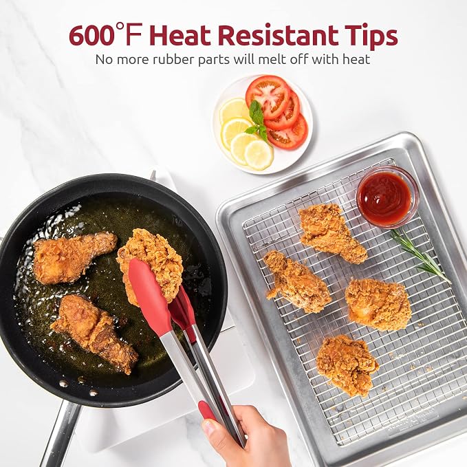600ºF Heat Resistant Kitchen Tongs: U-Taste 9+12 inch Silicone Cooking Tong Set with Firm Sealed Non Stick Rubber Tips and Silicon Coated 18/8 Stainless Steel Handle for Serving Grilling Salad(Red)