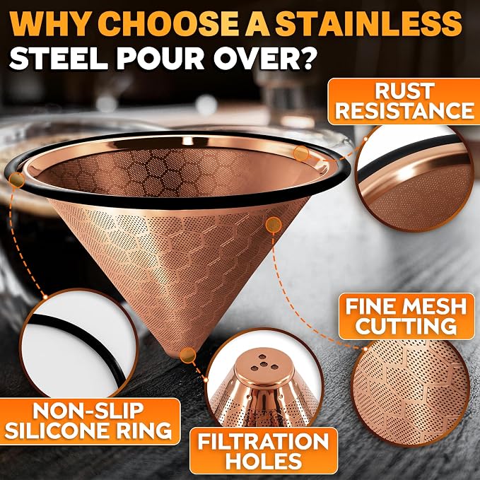 Pour Over Coffee Filter Reusable Stainless Steel - 800 Mesh Copper Cone with Black Ring for Clean, Sediment-Free Brew, Compatible with Hario V60 & Chemex, Paperless Coffee Dripper with Cleaning Brush