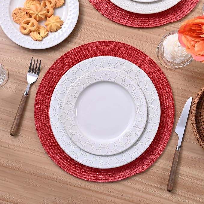 Feuille Round Braided Placemats Set of 6 Place Mats for Dining Table Woven Washable Non-Slip Table Mats 13.5 Inch (Red, 6pcs)