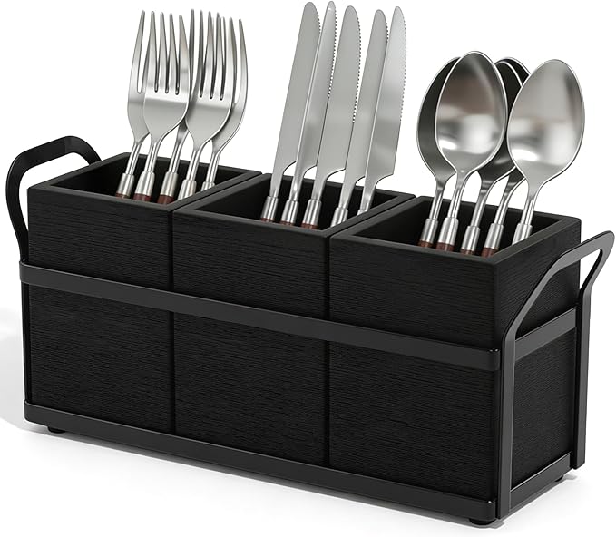 Kitchen Utensil Holder for Countertop, 3 Compartments Wooden Utensils Organizer for Cooking Utensils, Silverware, Spatula, Fork, Knife, Cutlery Storage for Kitchen Counter-Black