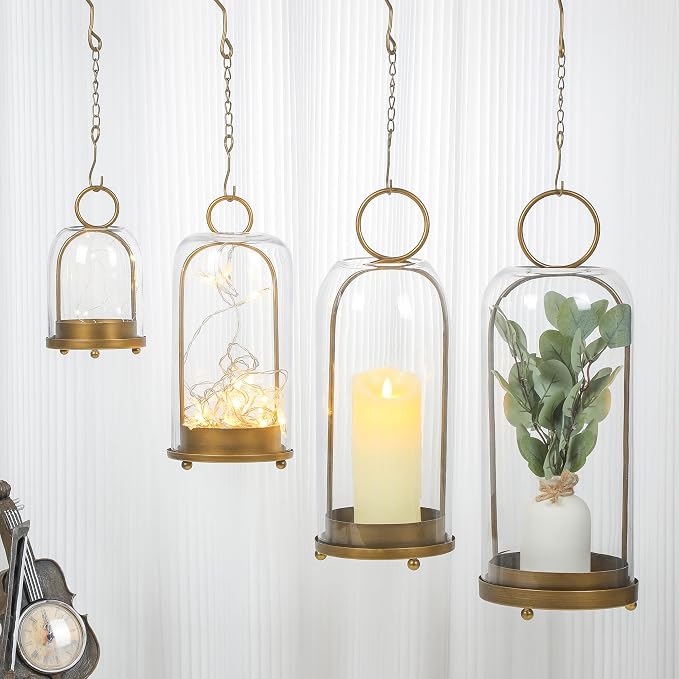 16" High Versatile Modern Metal Hurricane Lantern with Handmade Sturdy Glass Dome in Antique Brass for Pillar Candle & Plants, Industrial, Farmhouse, Shabby Chic (Brass, 6.3"x16.5")
