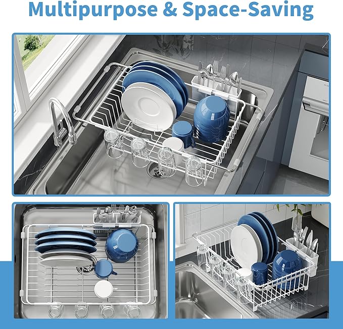 JASIWAY White in Sink Dish Drying Rack, Expandable Stainless Steel Small Dish Rack Over Kitchen Sink, Plate Drainer Strainer with Utensil Holder & Cup Holders, Counter Space Saving Wire Dryer Rack