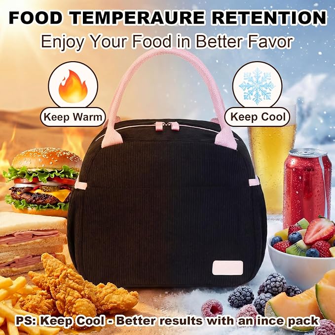 LEDAOU Lunch Box for Women Insulated Lunch Bag Cute Lunchbox Compact Cooler Thermal Reusable Lunch Tote for Work School Picnic Travel (Black-Pink)