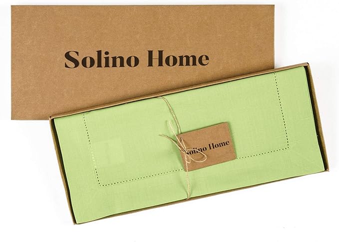 Solino Home Cotton Linen Table Runner 120 Inches Long - Hemstitch Apple Green Dining Table Runner 14 x 120 Inch for Spring, Summer