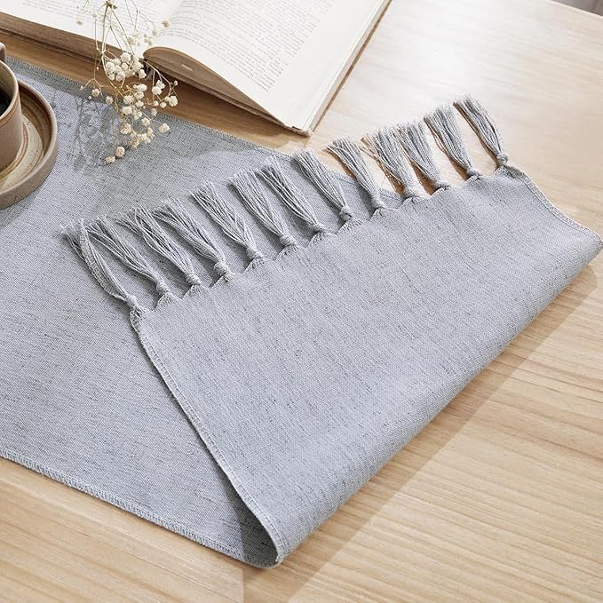 Linen Style Rustic Table Runner, Farmhouse Cotton Linen Table Runner, Boho Table Runners 36 Inches Long with Hand Tassels for Home Tabletop Decor and Everyday Use - Silver Grey, 36 Inch