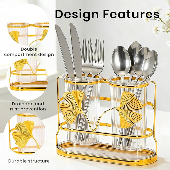 Transparent Double Barrel Square Cup Utensil Holder for Kitchen Counter, Large Capacity Silverware Caddy with Drainage System, Rust Resistant Freestanding Utensil Crock(Double barrel square cup)