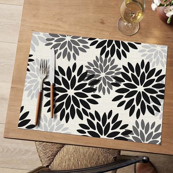 Artoid Mode Floral Vinyl Placemats Set of 4, Heat Resistant Washable Non-Slip Plastic PVC Place Mats for Party Kitchen Dining Decor