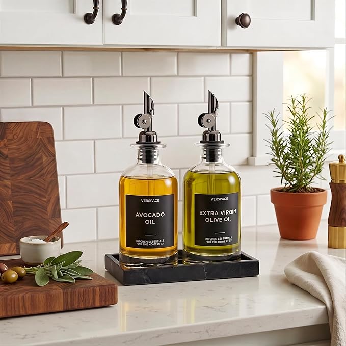 Verspace - Clear Glass Olive Oil Dispenser Bottles For Kitchen With Silicone Tray - 2 Pack - 12oz Includes 40 Labels, Soy Sauce Dispenser, Coffee Syrup Dispenser, Olive Oil Bottles Set Of 2, Black