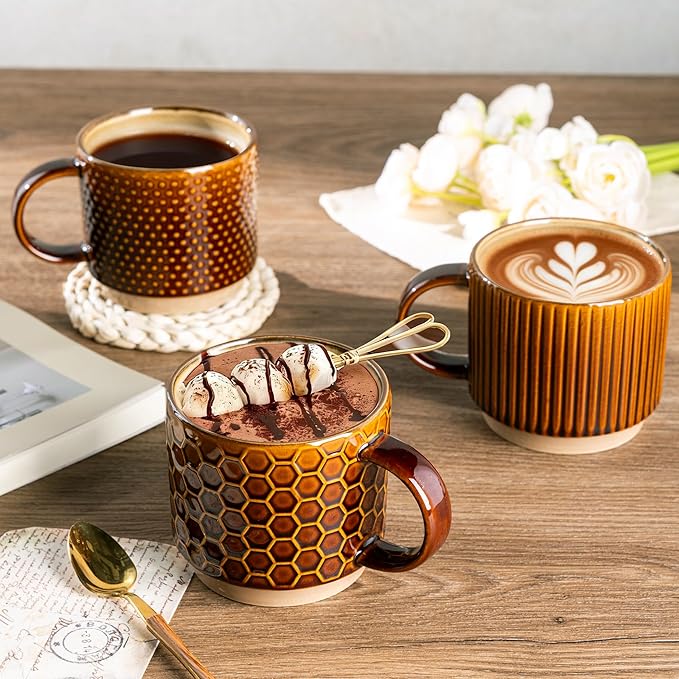 GBhome 12 OZ Stackable Coffee Mugs, Ceramic Coffee Cups with Texture Patterns for Man,Woman,Dad,Mom, Modern Mugs Set of 4 for Latte/Cappuccino/Cocoa. Dishwasher&Microwave Safe