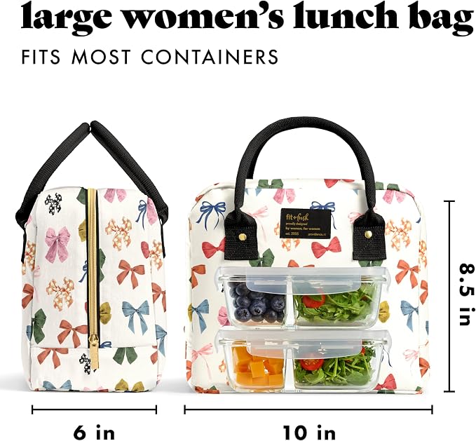 Fit & Fresh Bloomington Lunch Bag for Women - Insulated Large Lunch Box for Work with Containers, Leak-Resistant, Stain-Resistant, Zipper Closure, Fall Bows