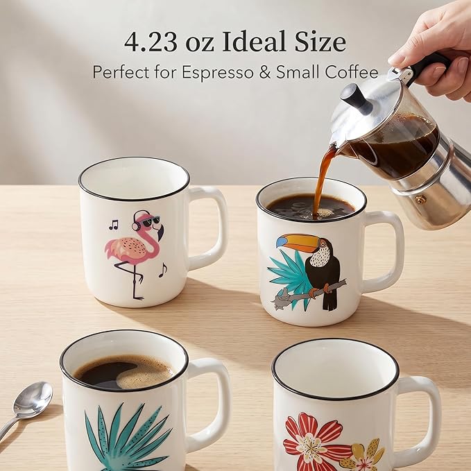 Topadorn 4 Pack 4oz Ceramic Espresso Cups Set, Small Coffee Mugs with Handle, Fun Tropical Print Demitasse Cups, Lead-Free Dishwasher Safe for Home & Office