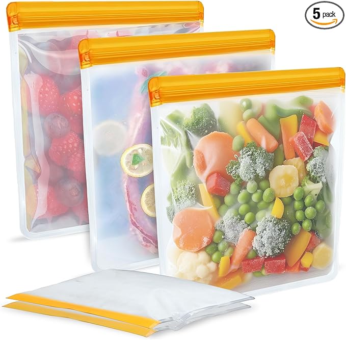 5 Pack Reusable Gallon Storage Bags, BPA Free Leakproof Food Storage, Dishwasher Safe Silicone-Free Freezer Bags