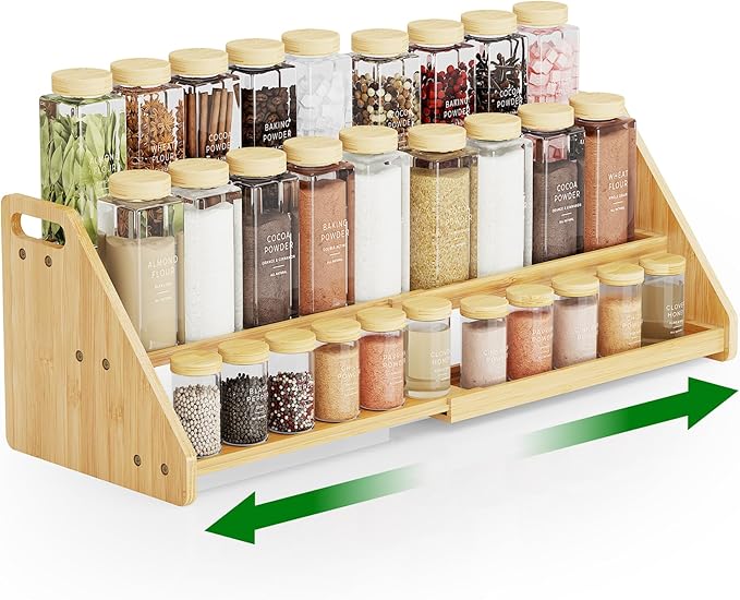 NiHome Cabinet & Countertop Expandable 3-Tier Bamboo Spice Rack for Spices, Jars, Office Supplies, Adjustable Length 12.6"-23.6" Multi-Purpose Natural Bamboo Organizer for Kitchen, Pantry, Bathroom