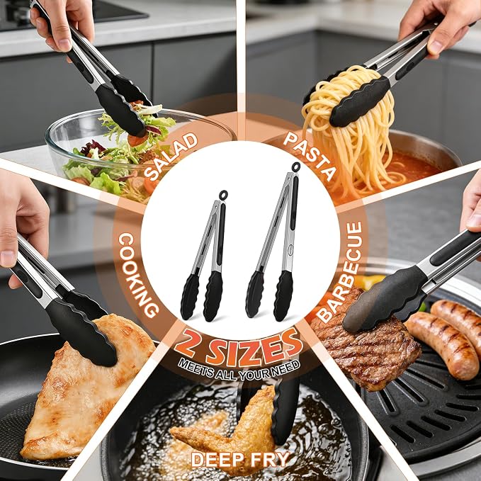 TACGEA Stainless Steel Kitchen Tongs with Silicone Tips, Locking Grilling Food Tongs, 9" and 12", Set of 2 Black