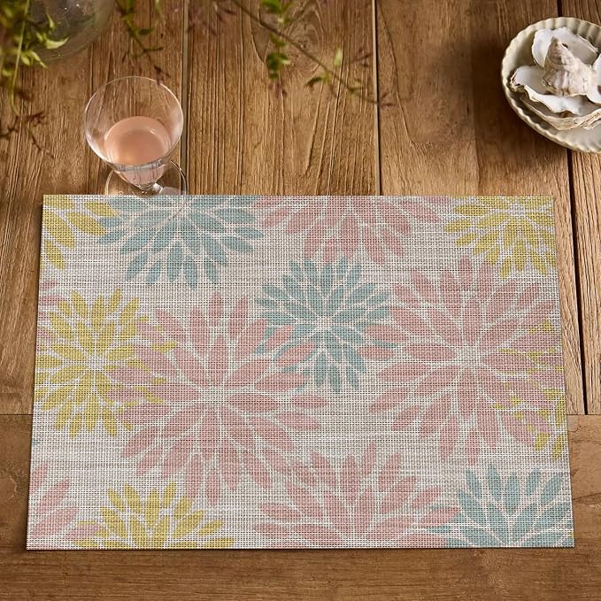 Artoid Mode Floral Vinyl Placemats Set of 4, 12x18 Inch Heat Resistant Washable Non-Slip Plistic PVC Place Mats for Party Kitchen Dining Decor, Pink Blue