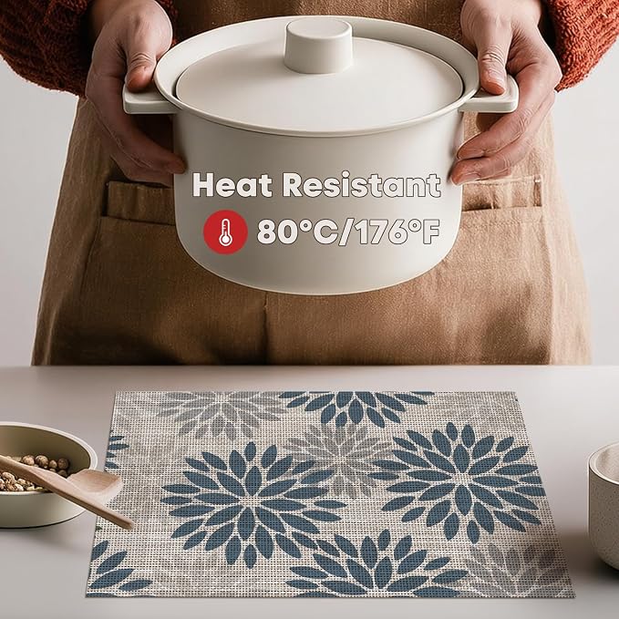 Artoid Mode Floral Vinyl Placemats Set of 4, Heat Resistant Washable Non-Slip Plastic PVC Place Mats for Party Kitchen Dining Decor, Blue Grey