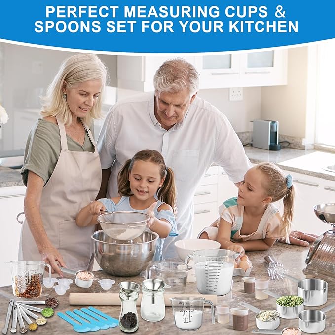 Measuring Cups and Spoons Set 35 Pcs, 11 Stainless Steel Nesting Measuring Spoons and Cups with 12 Measuring Cups, 3 Funnel, 3 Brush, 5 Spoons, 1 Ruler, Measuring Cup Set for Kitchen Baking Liquid Dry